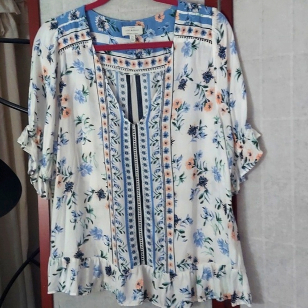 Lucky Brand V Neck Ruffle Floral Trim Boho Tunic Blouse Top